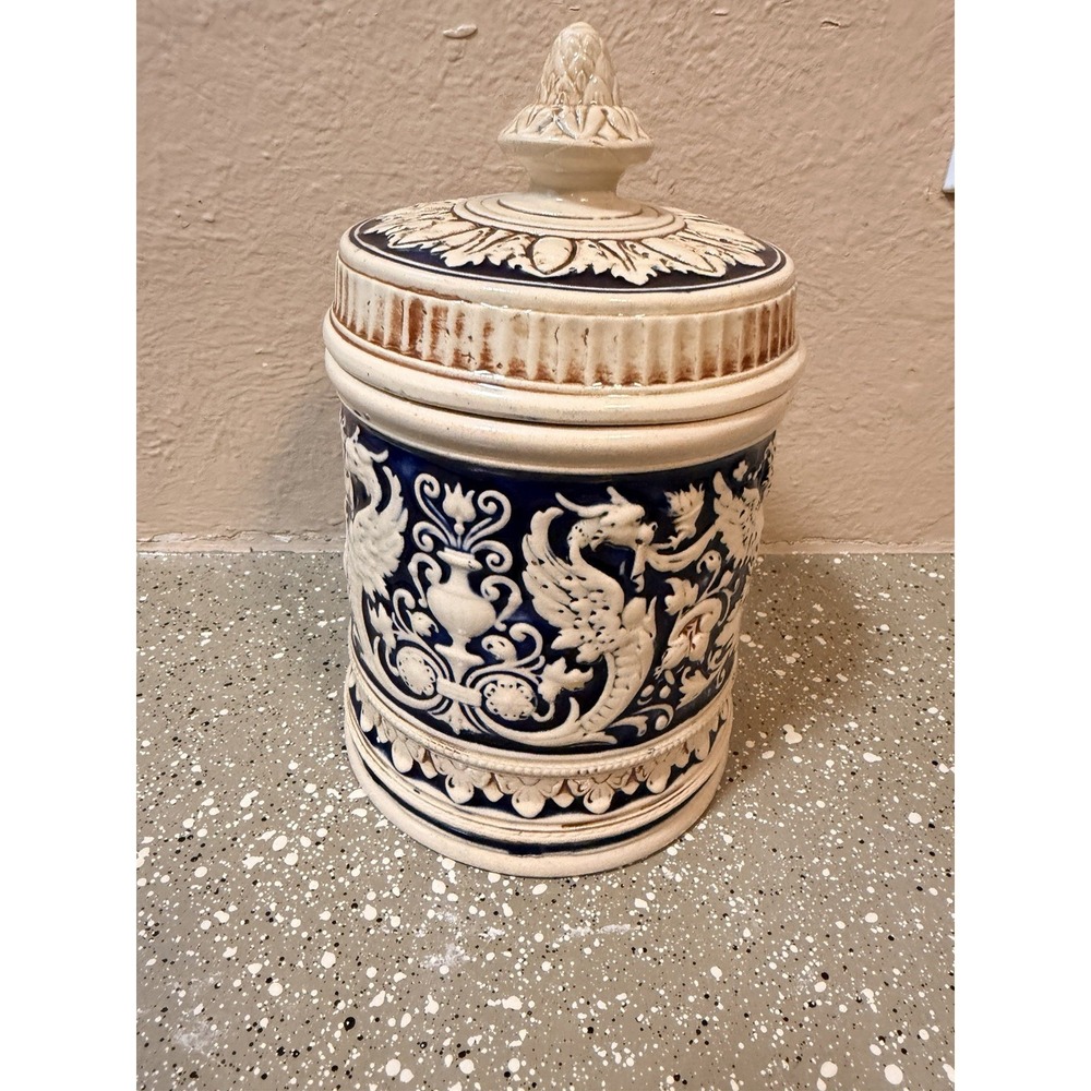 Antique MARZI & REMY Tobacco Humidor Majolica Jar Germany Dragon Blue‎ Cream